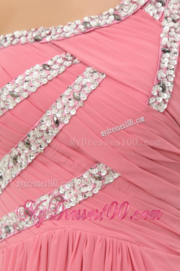Empire Watermelon One Shoulder Beaded Decorate Full Length Evening Dress