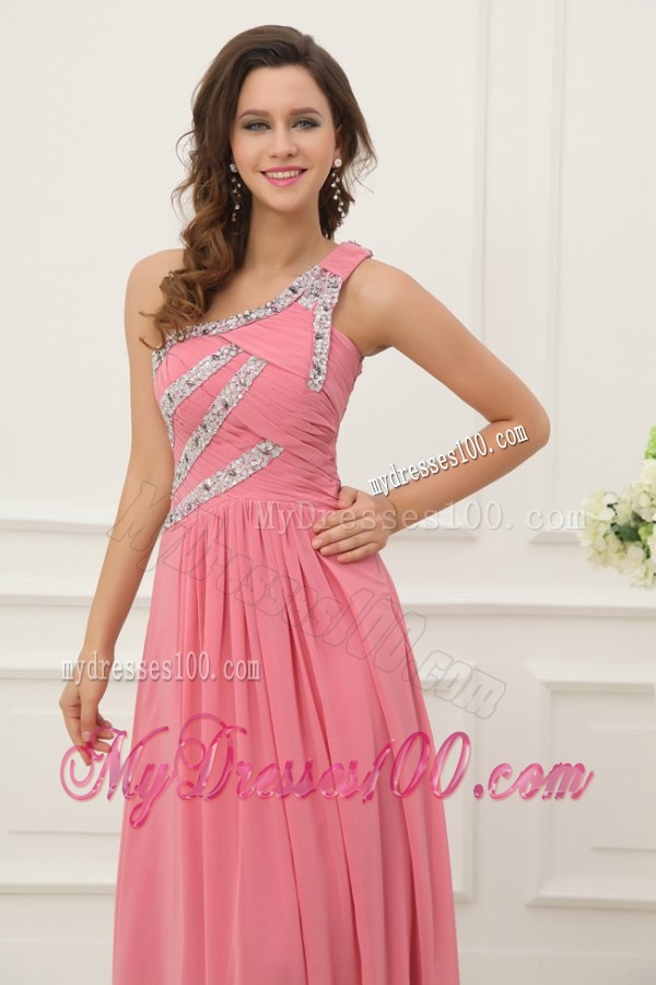 Empire Watermelon One Shoulder Beaded Decorate Full Length Evening Dress