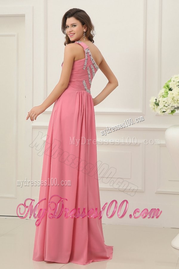 Empire Watermelon One Shoulder Beaded Decorate Full Length Evening Dress