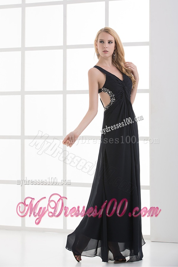 High Slit Straps Black Ankel-length Beading and Ruching Evening Dress
