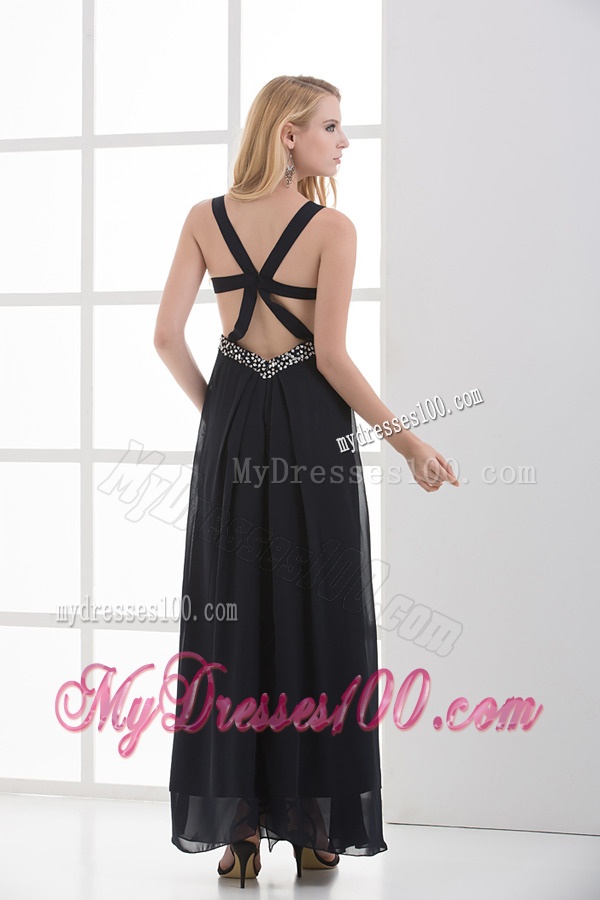High Slit Straps Black Ankel-length Beading and Ruching Evening Dress