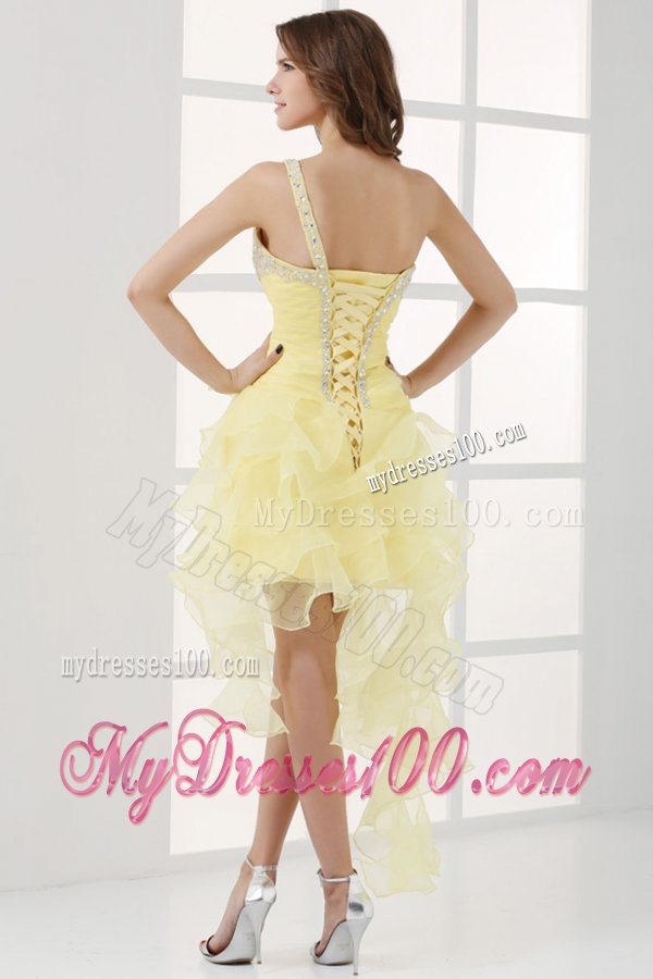 Light Yellow One Shoulder Asymmetrical Organza Evening Dress with Beading