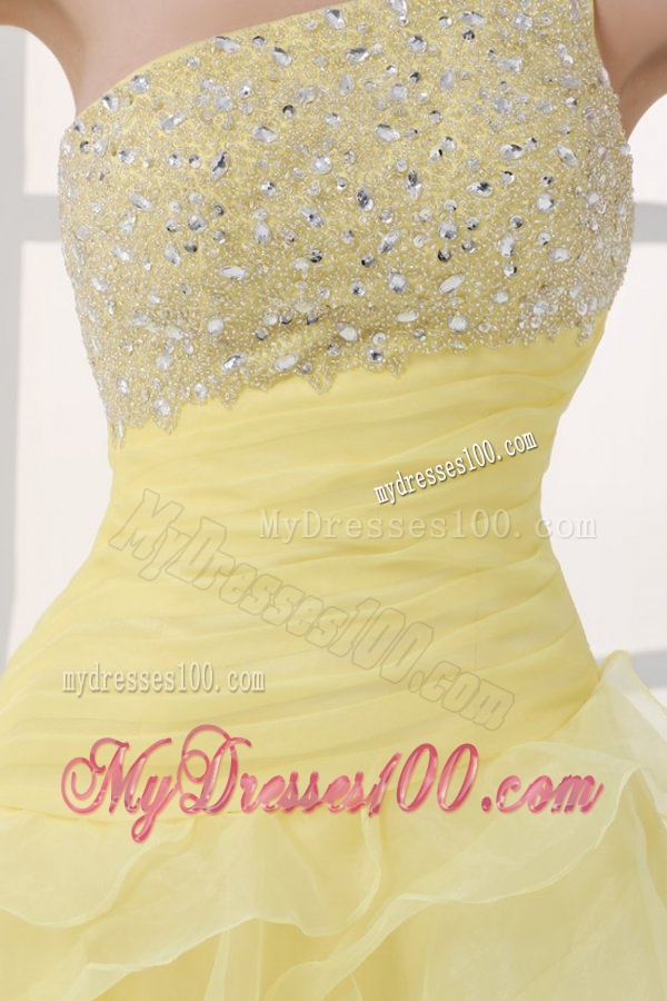 Light Yellow One Shoulder Asymmetrical Organza Evening Dress with Beading