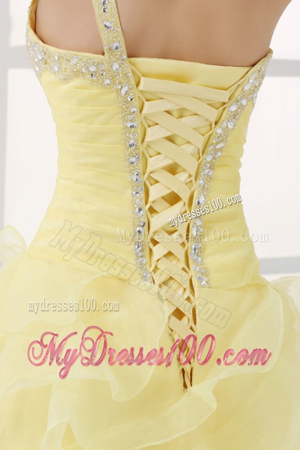 Light Yellow One Shoulder Asymmetrical Organza Evening Dress with Beading