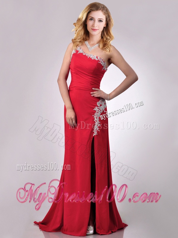 Luxurious Beaded Decorated One Shoulder and High Slit Evening Dress with Brush Train