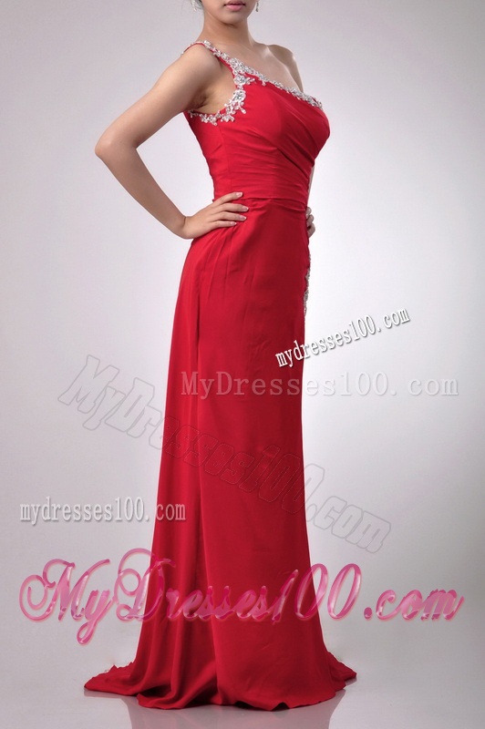 Luxurious Beaded Decorated One Shoulder and High Slit Evening Dress with Brush Train