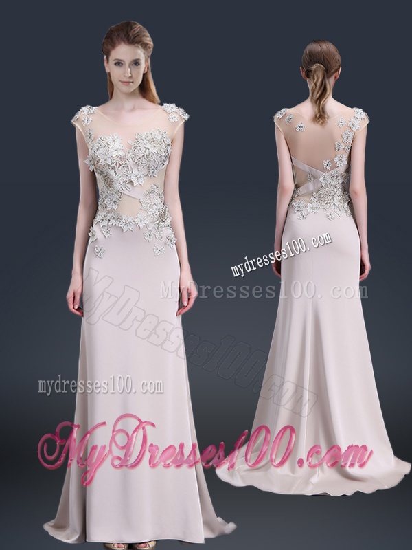 Luxurious Brush Train Cap Sleeves Evening Dresses with Appliques