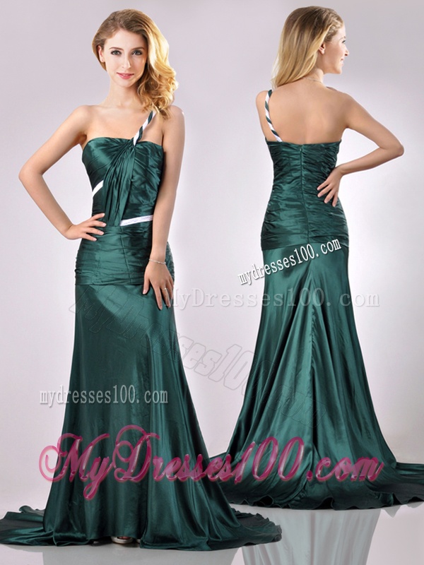 Modest One Shoulder Dark Green Evening Dress in Elastic Woven Satin