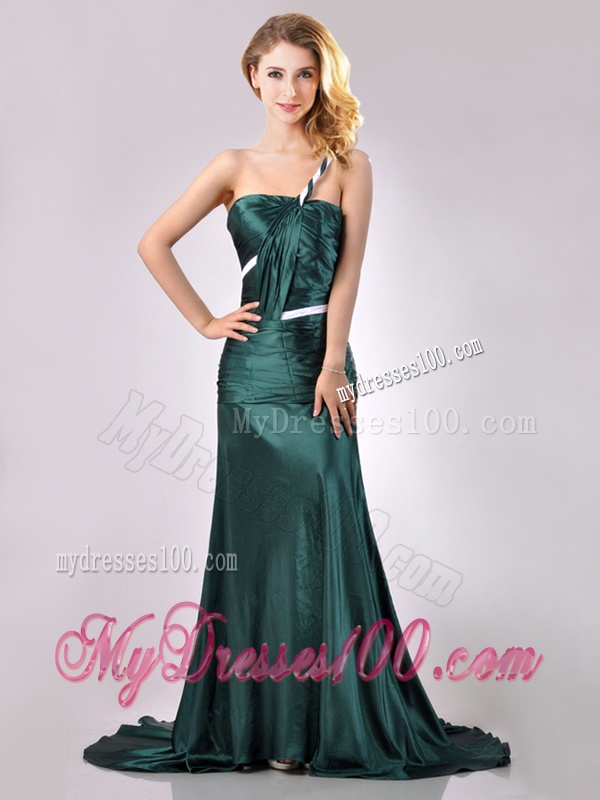 Modest One Shoulder Dark Green Evening Dress in Elastic Woven Satin