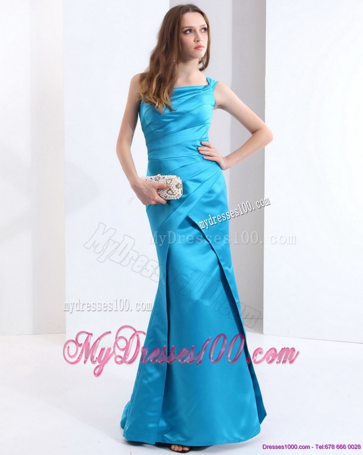 One Shoulder Baby Blue Long Evening Dresses with Brush Train
