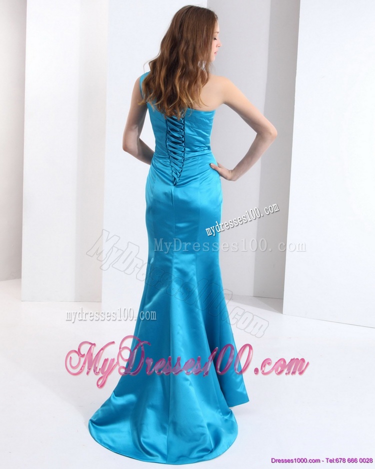 One Shoulder Baby Blue Long Evening Dresses with Brush Train