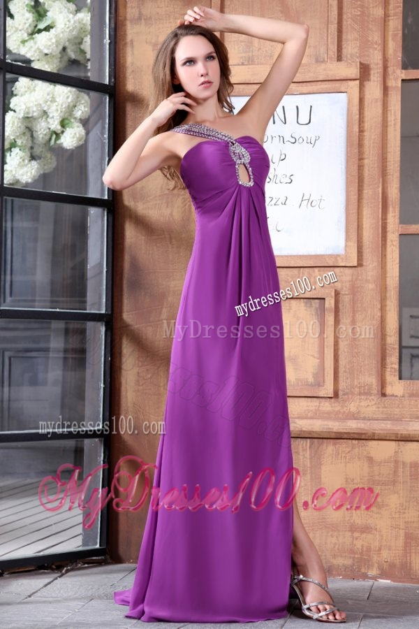 One Shoulder Beading and High Silt Chiffon Evening Dress in Lilac