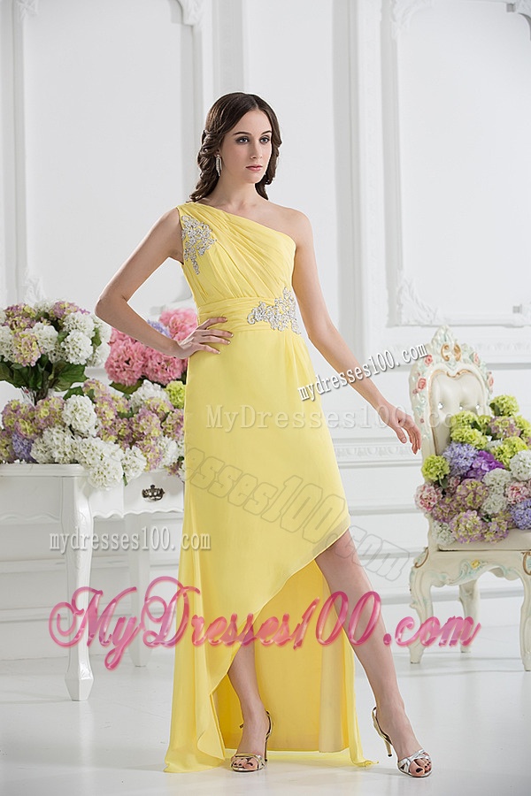 One Shoulder Empire Yellow High-low Evening Dress with Appliques