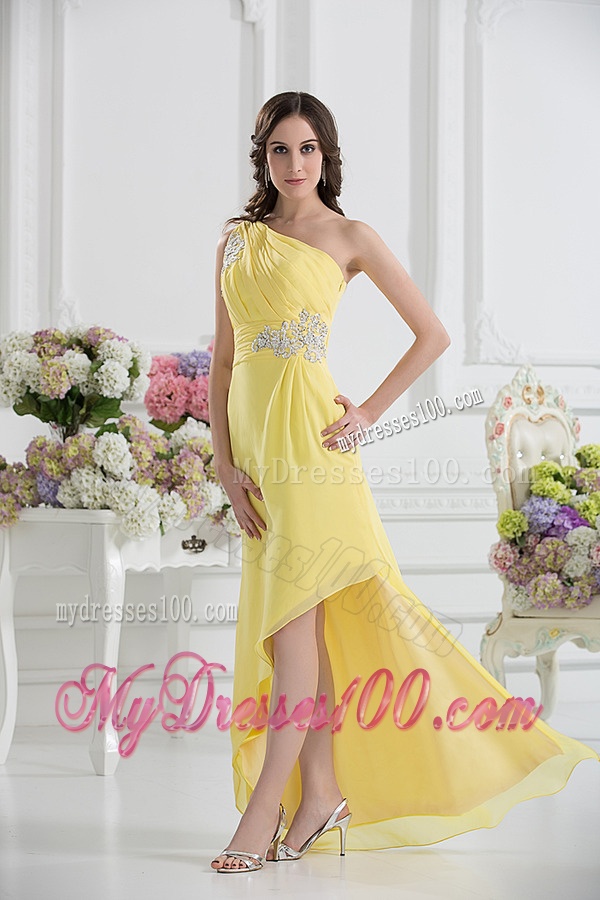 One Shoulder Empire Yellow High-low Evening Dress with Appliques