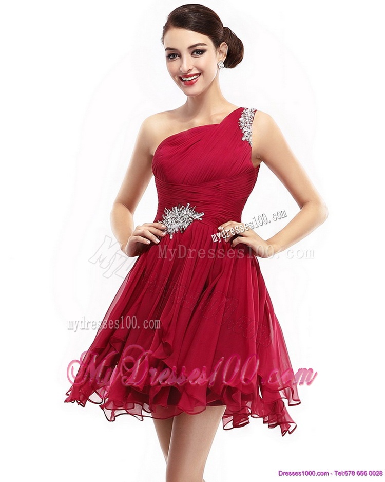 One Shoulder Ruching Mini Length Evening Dresses with Beading