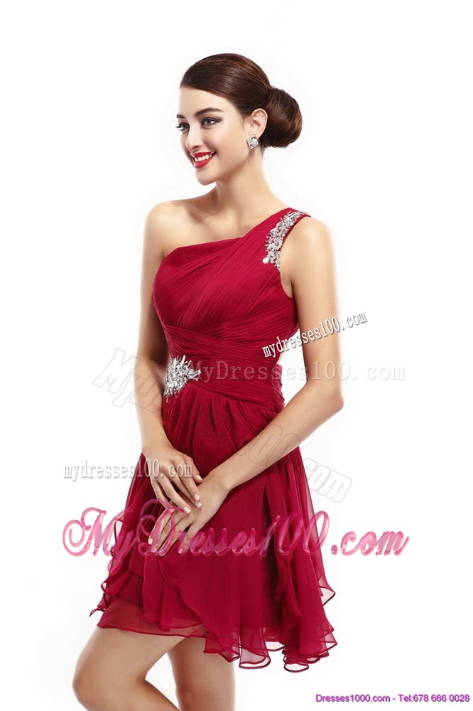 One Shoulder Ruching Mini Length Evening Dresses with Beading