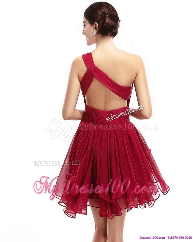 One Shoulder Ruching Mini Length Evening Dresses with Beading