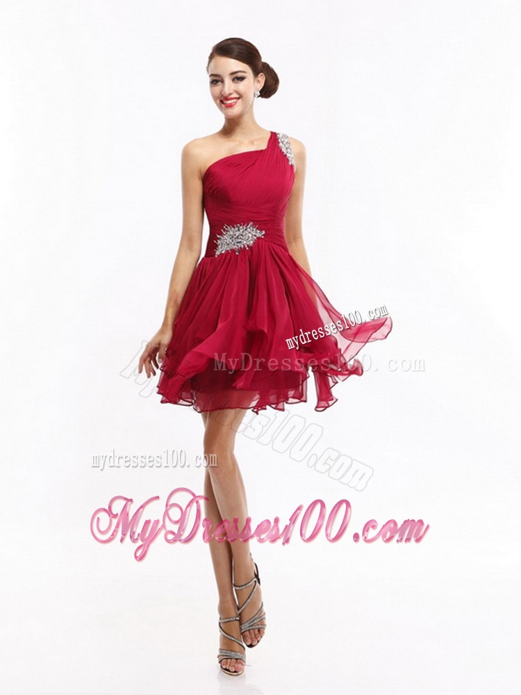 One Shoulder Ruching Mini Length Evening Dresses with Beading