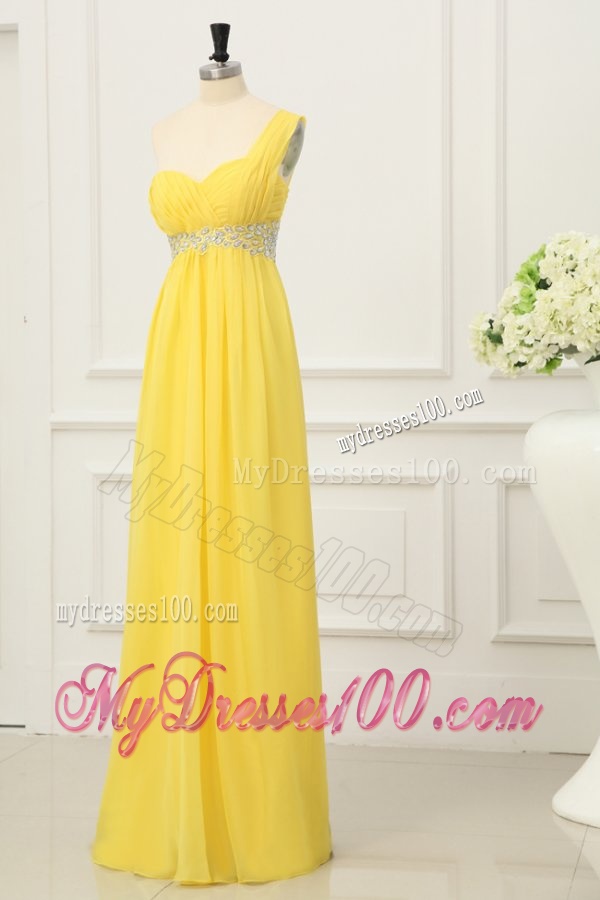 One Shoulder Yellow Empire Chiffon Rhinestone Decorate Evening Dress