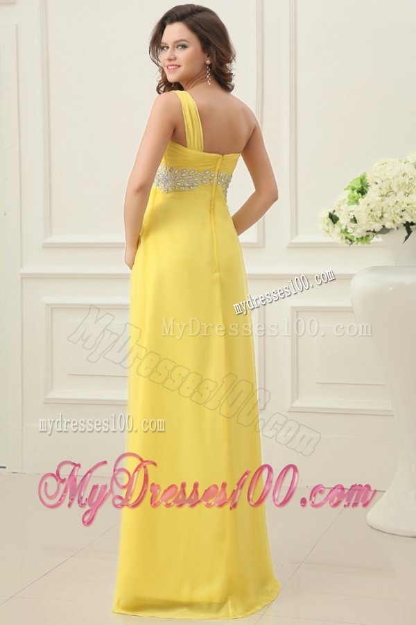 One Shoulder Yellow Empire Chiffon Rhinestone Decorate Evening Dress
