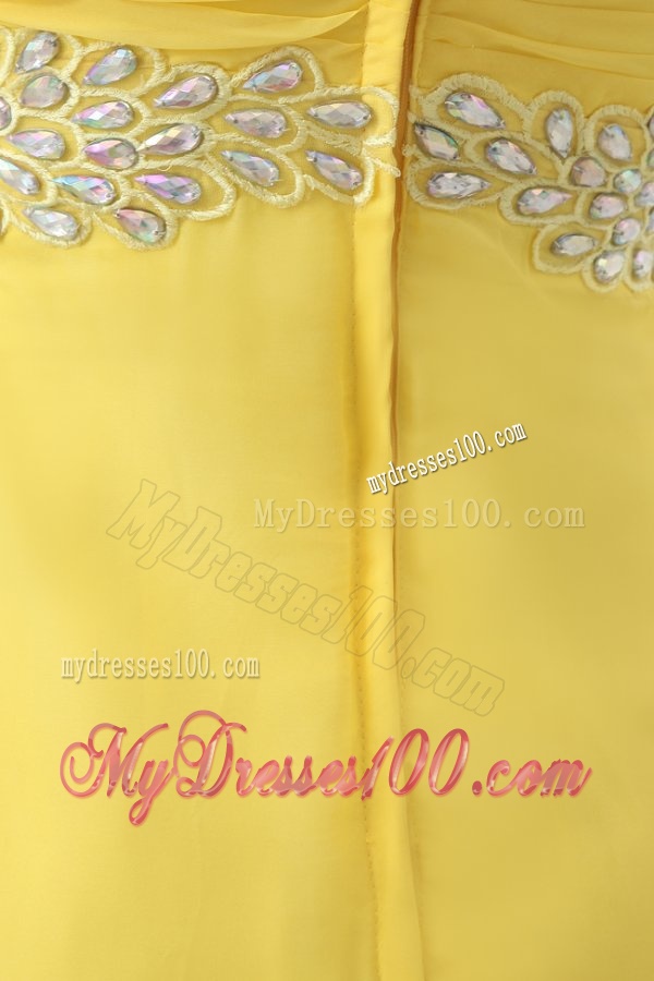 One Shoulder Yellow Empire Chiffon Rhinestone Decorate Evening Dress