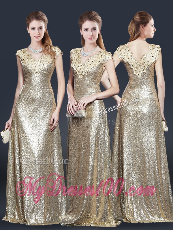 Perfect V Neck Sequins Evening Dresses in Champagne