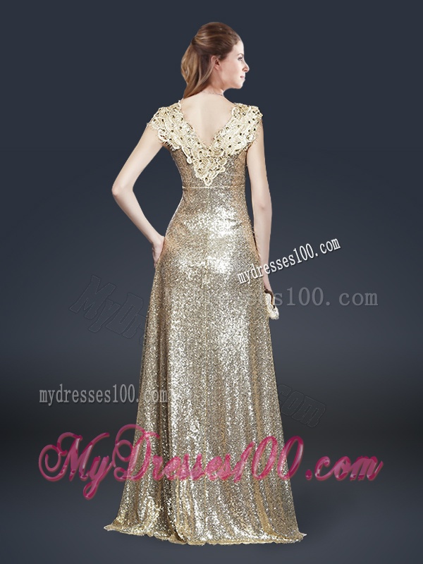 Perfect V Neck Sequins Evening Dresses in Champagne