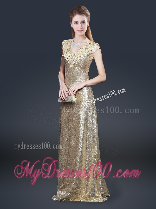Perfect V Neck Sequins Evening Dresses in Champagne