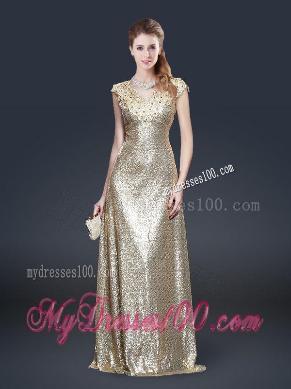 Perfect V Neck Sequins Evening Dresses in Champagne