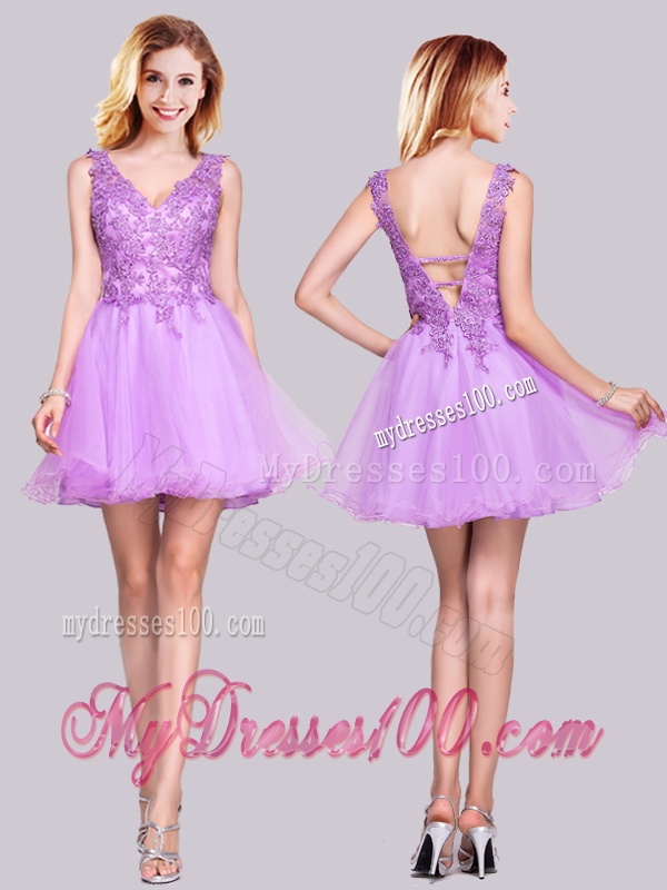 Popular V Neck Organza Backless Applique and Lace Evening Dress in Lilac