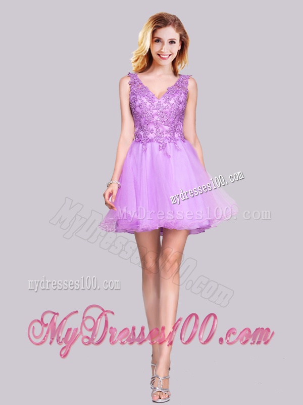 Popular V Neck Organza Backless Applique and Lace Evening Dress in Lilac