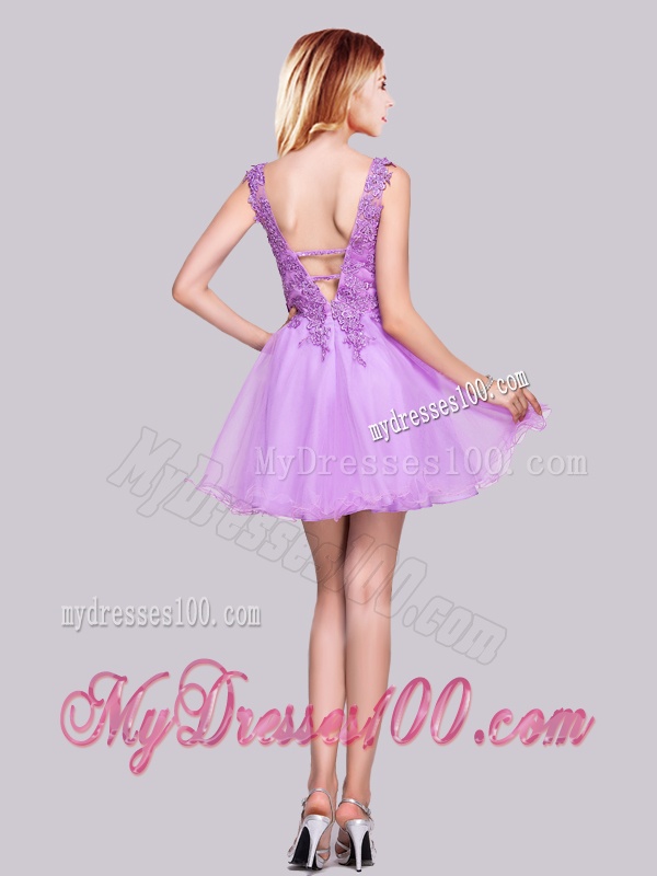 Popular V Neck Organza Backless Applique and Lace Evening Dress in Lilac
