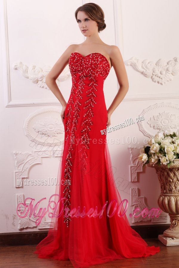Red Column Sweetheart Brush Train Evening Dress with Beading