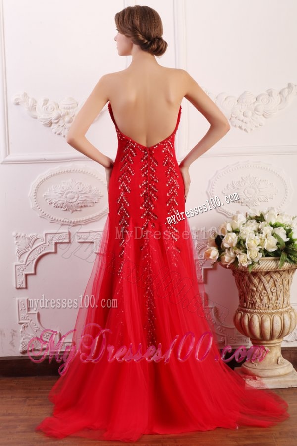 Red Column Sweetheart Brush Train Evening Dress with Beading