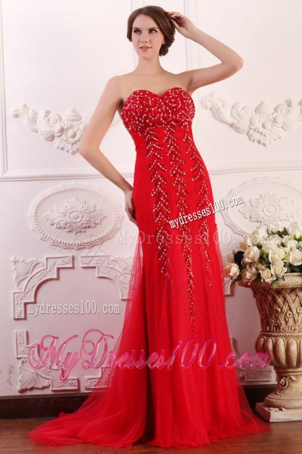 Red Column Sweetheart Brush Train Evening Dress with Beading