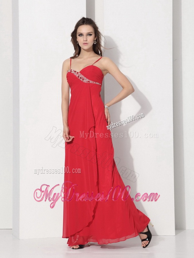 Red Spaghetti Straps Evening Dresses with Ruching and Beading