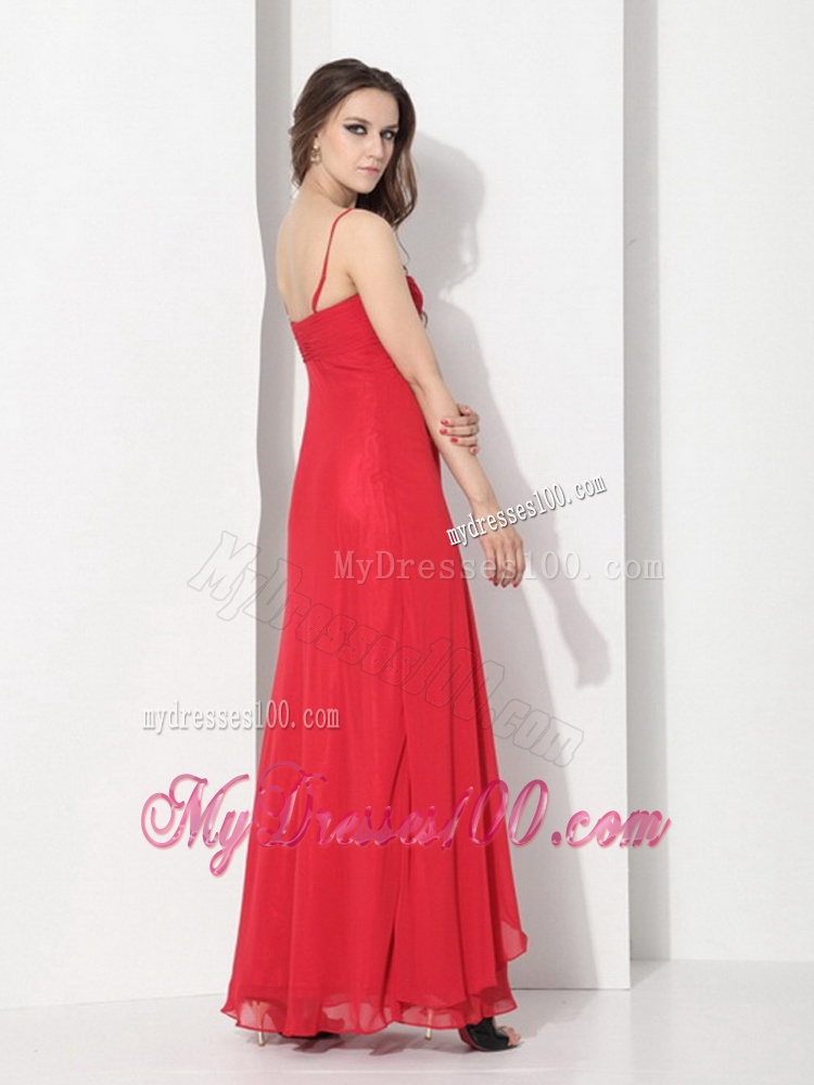 Red Spaghetti Straps Evening Dresses with Ruching and Beading
