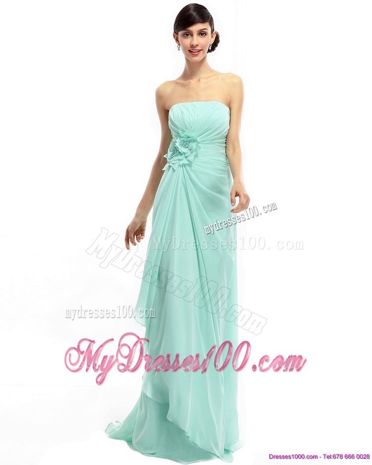Sweep Train Apple Green Evening Dresses with Ruching and Hand Made Flower
