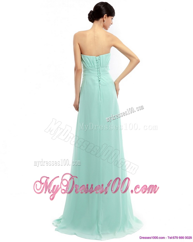 Sweep Train Apple Green Evening Dresses with Ruching and Hand Made Flower