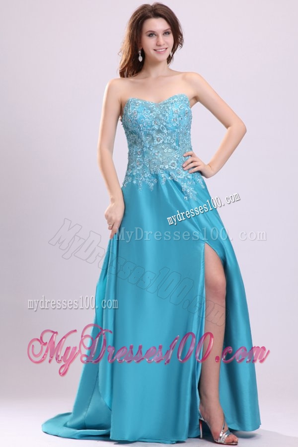 Sweetheart Empire Teal Sweep Train Evening Dress with White Embroidery