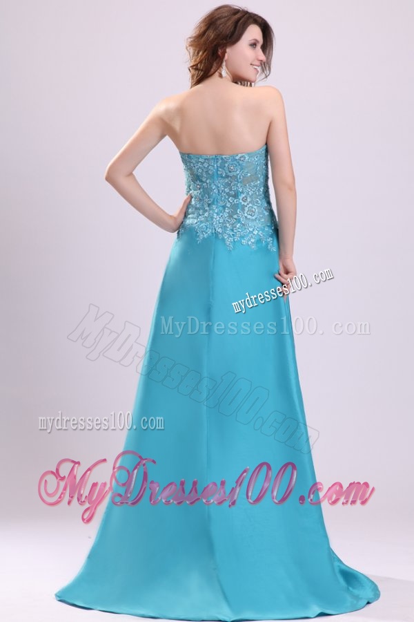 Sweetheart Empire Teal Sweep Train Evening Dress with White Embroidery