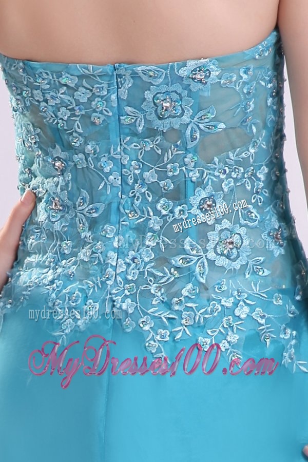 Sweetheart Empire Teal Sweep Train Evening Dress with White Embroidery