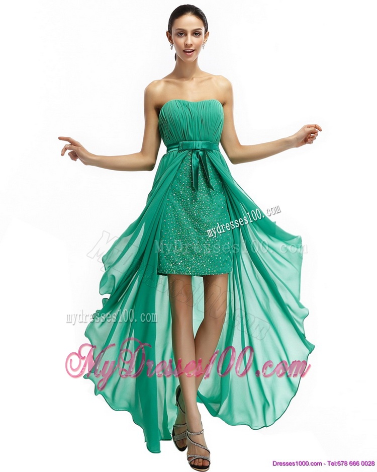 Turquoise High Low Beading Evening Dresses with Ruching and Bowknot