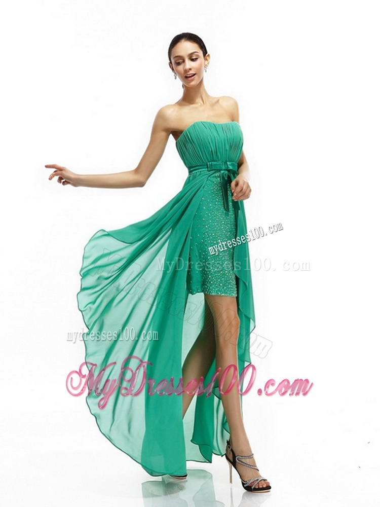 Turquoise High Low Beading Evening Dresses with Ruching and Bowknot