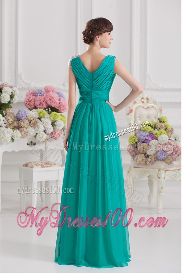 V-neck Empire Turquoise Chiffon Evening Dress with Ruching and Beading