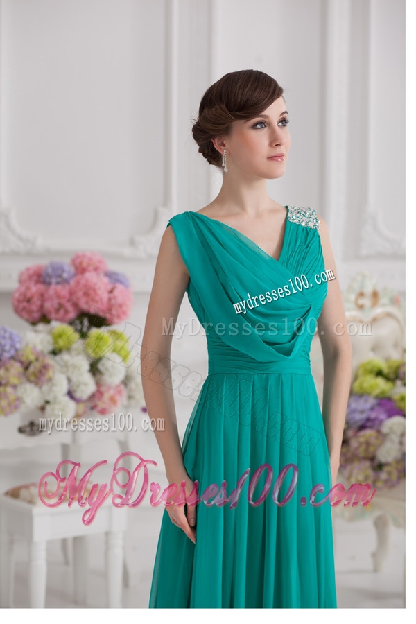 V-neck Empire Turquoise Chiffon Evening Dress with Ruching and Beading