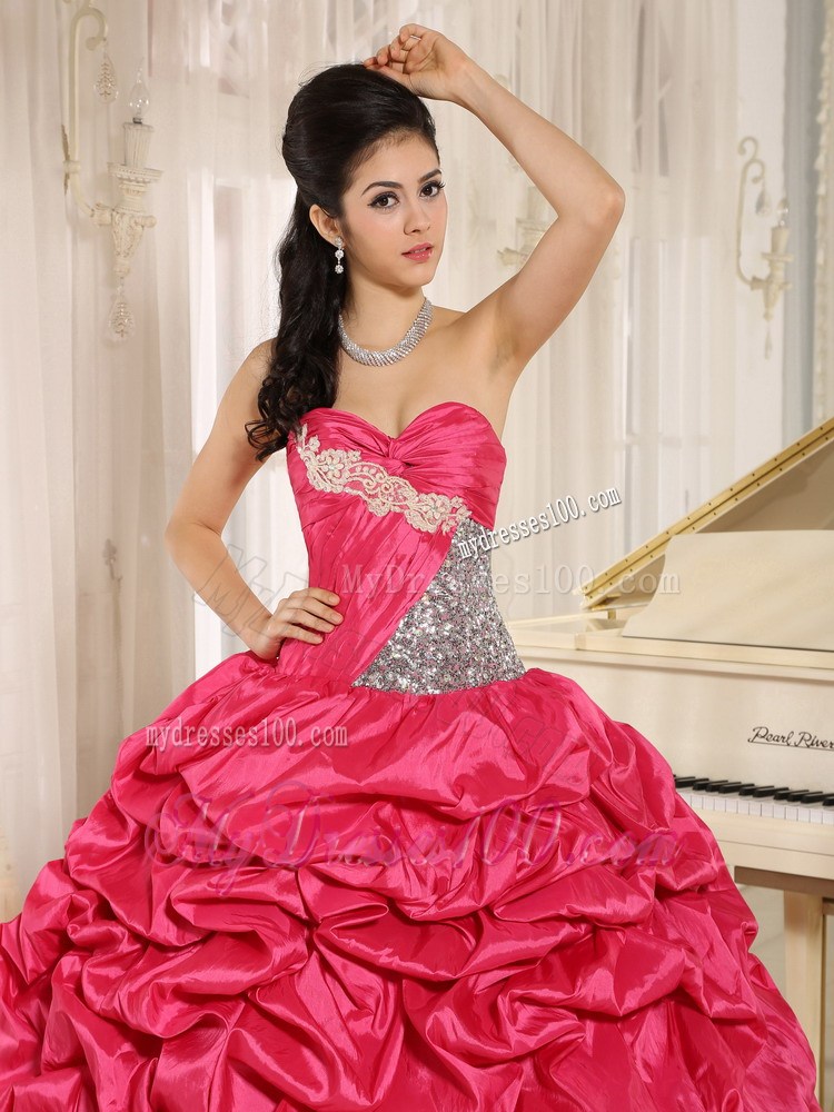 Lace Hem Pick Ups Beaded Quiceanera Dresses in Hot Pink Hot Sale