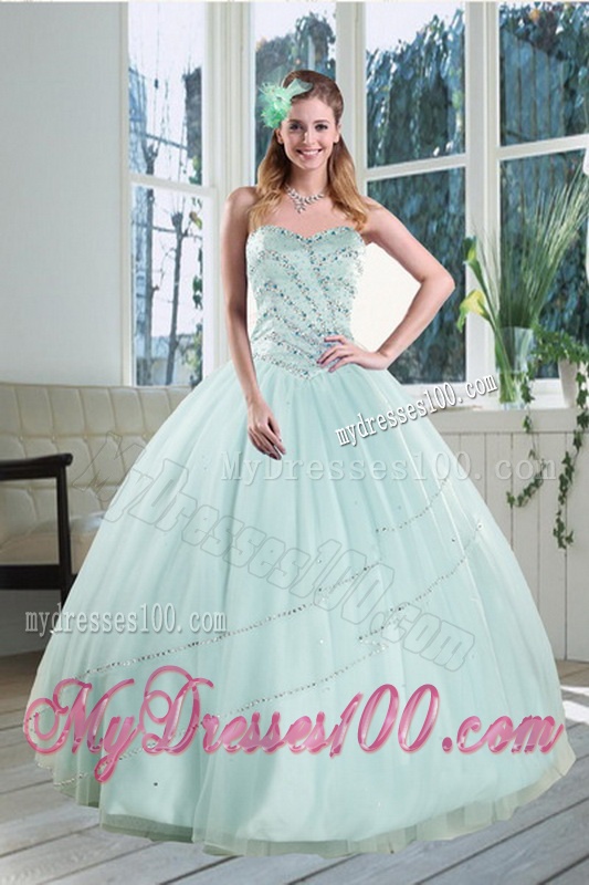 2016 Beautiful Apple Green Strapless Sweet 15 Dresses with Beading