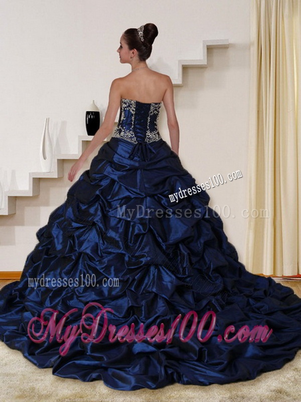 2016 Detachable Embroidery and Beaded Strapless Quinceanera Dress in Navy Blue
