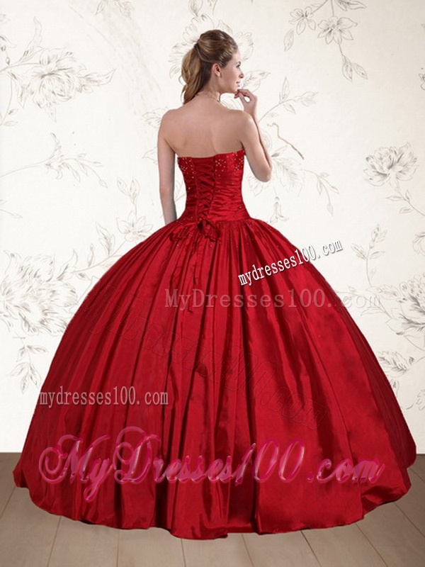 2016 Perfect Strapless Beaded Floor Length Quinceanera Dress in Red